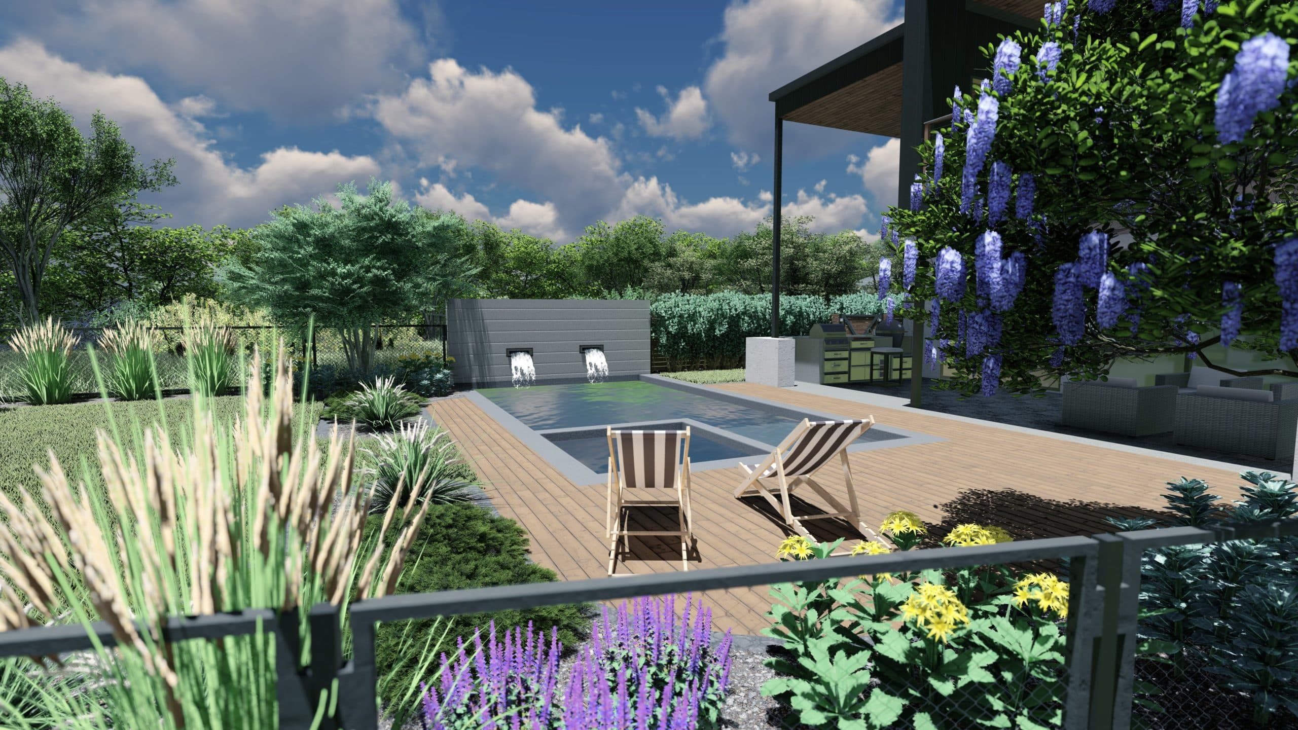 3D design render of yard with lush planting beds, pool and pool deck with lounge chairs