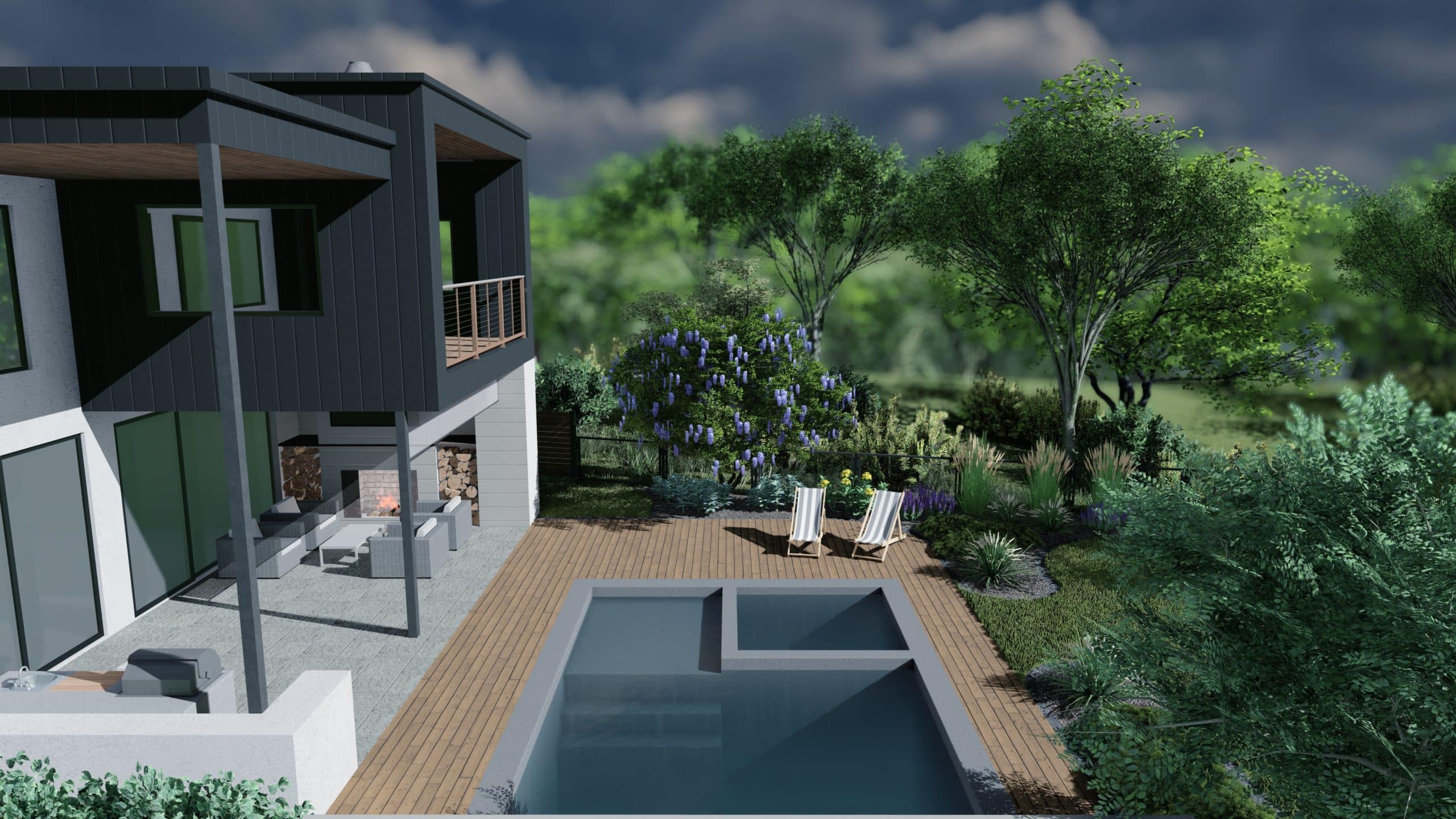 3D design render of backyard as viewed from side with pool, pool deck, and lounge chairs