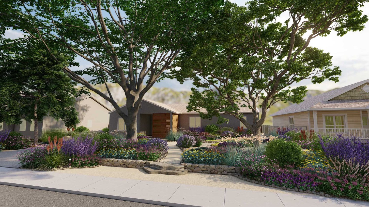 Aurora front yard with concrete walkway. stone work and trees