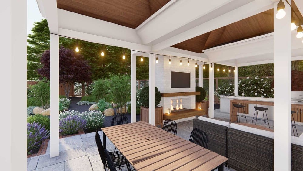 Bridgeport outdoor dining area with hanging string lights