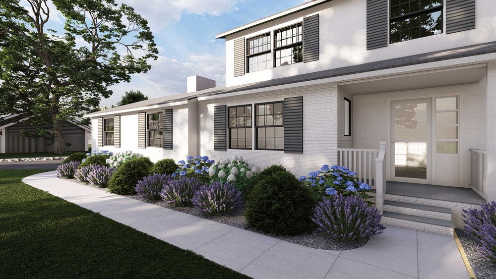 Bridgeport front yard with walkway and plants