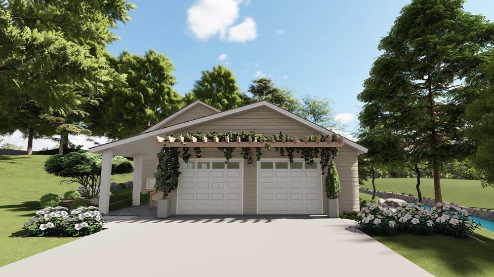 Bridgeport front yard featuring a driveway and a trellis-covered garage