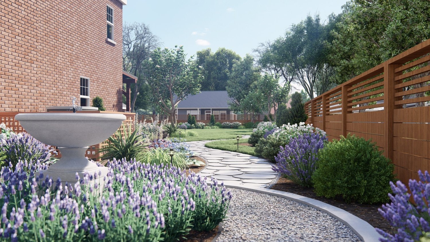 Burlington outdoor garden with paver stones and water fountain