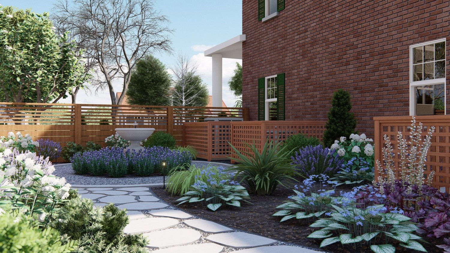 Burlington outdoor garden with paver stones enclosed in wooden fence