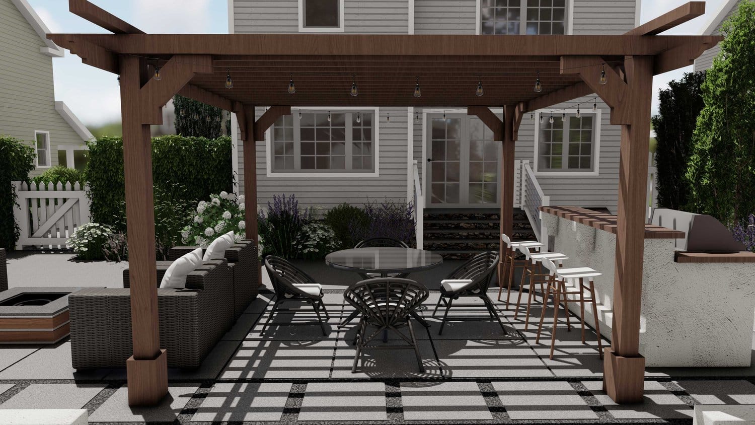 New Canaan backyard with patio, pergola and outdoor kitchen