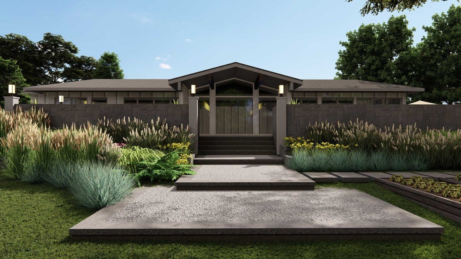 New Canaan front yard with concrete floors and plants