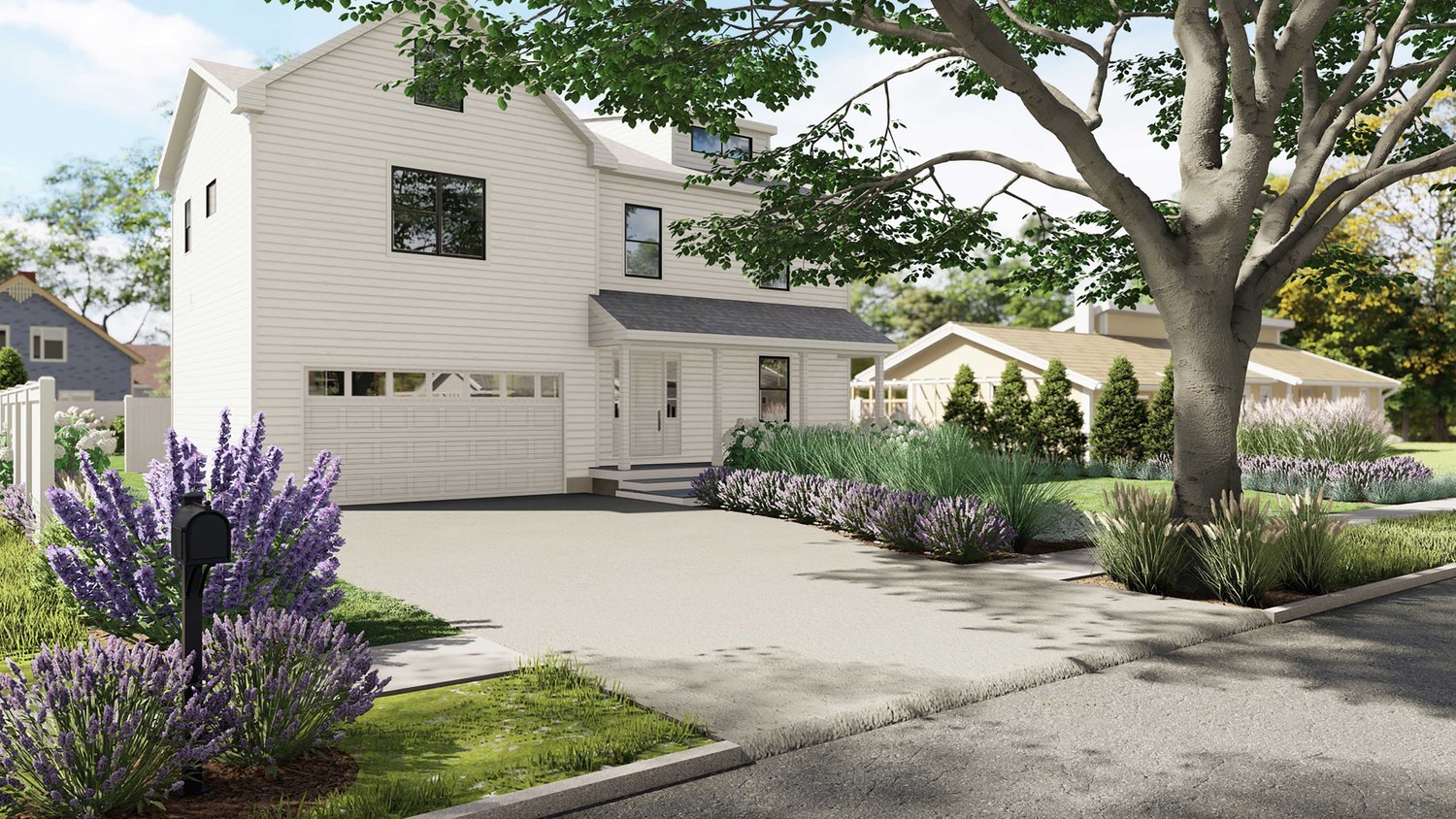 New Canaan front yard with asphalt driveway and plants