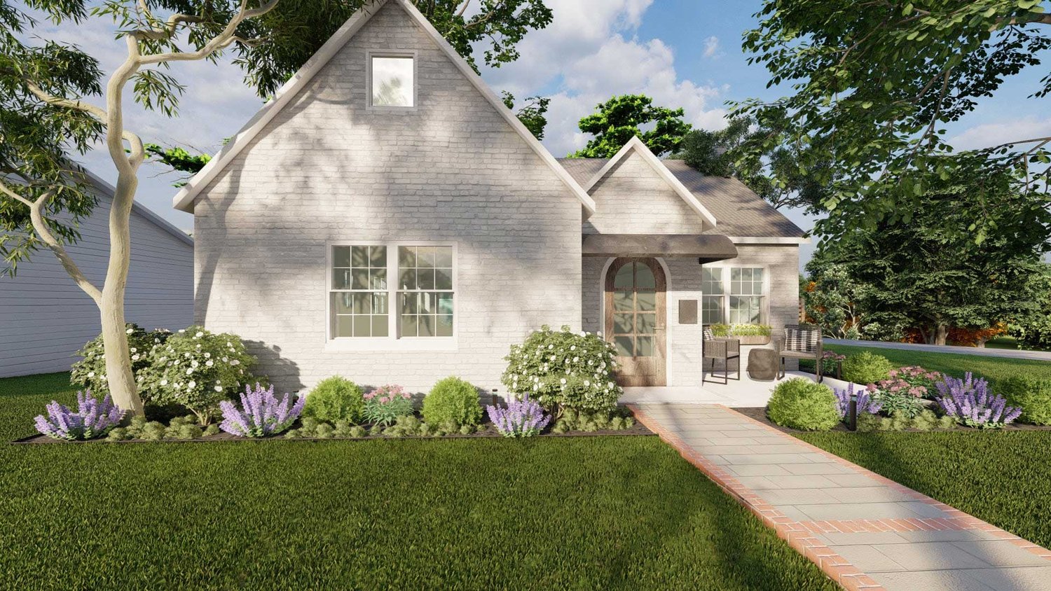 Charlotte front yard with lawn, trees and plants, with concrete paver pathway