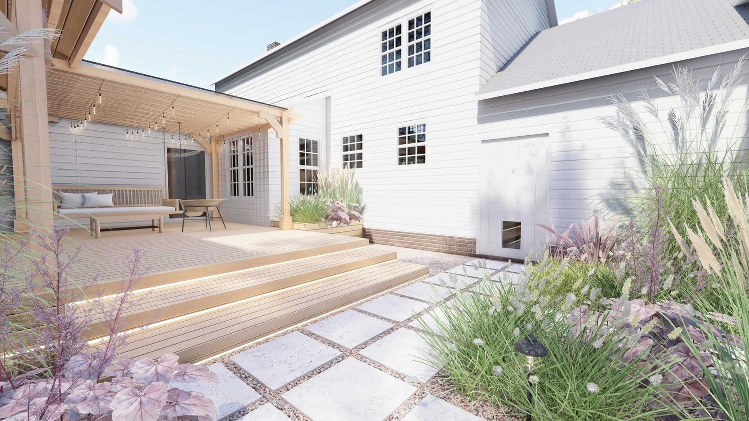 Charlotte front yard deck patio with concrete paver pathway and plants