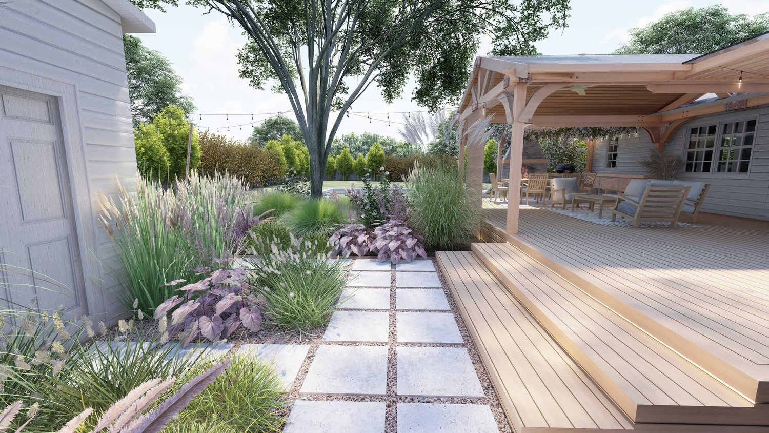 Charlotte front yard deck patio with concrete paver pathway, plants and tree