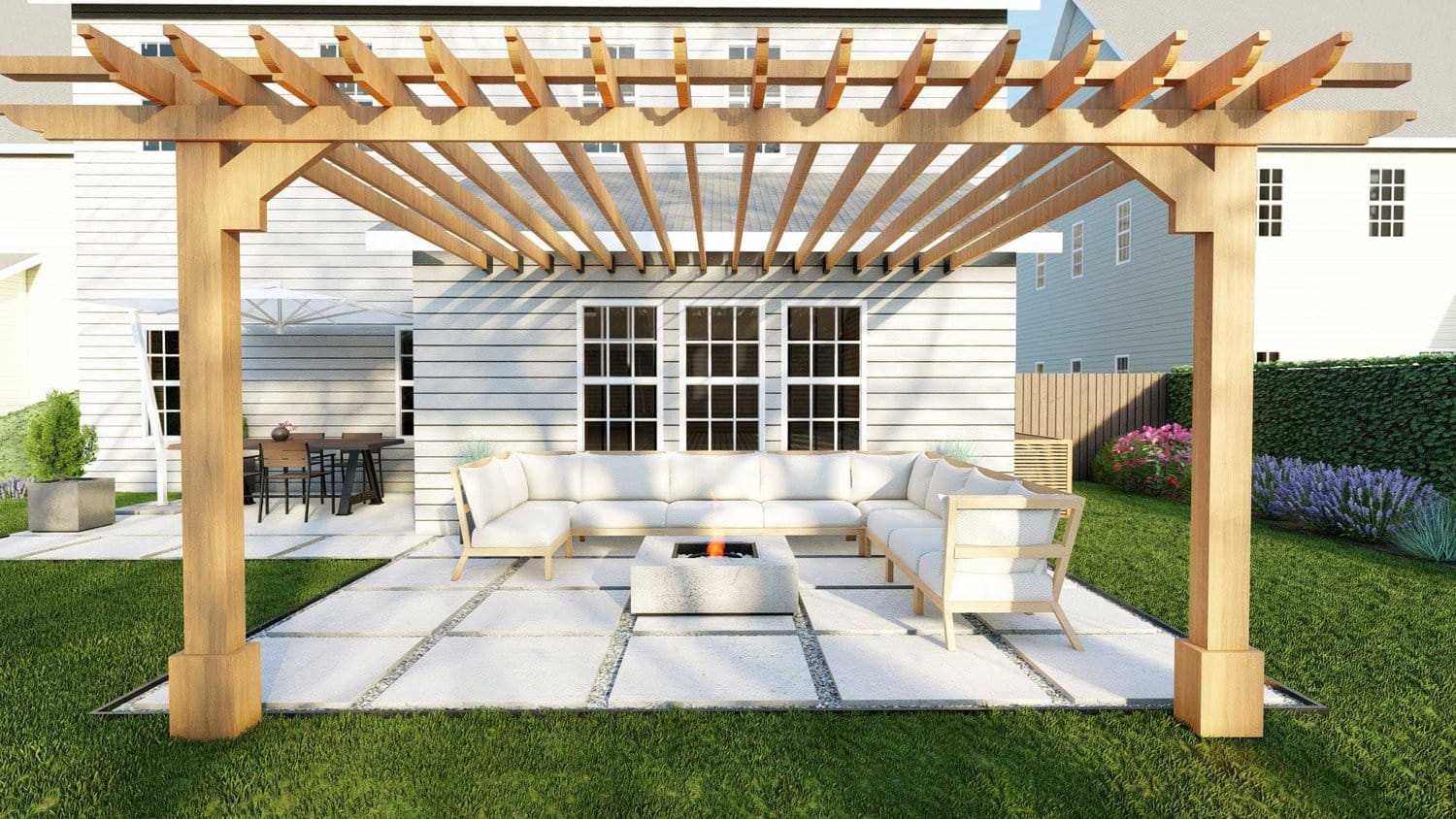 Charlotte paver concrete patio with pergola over fire pit seating area and sunbrella over dining area