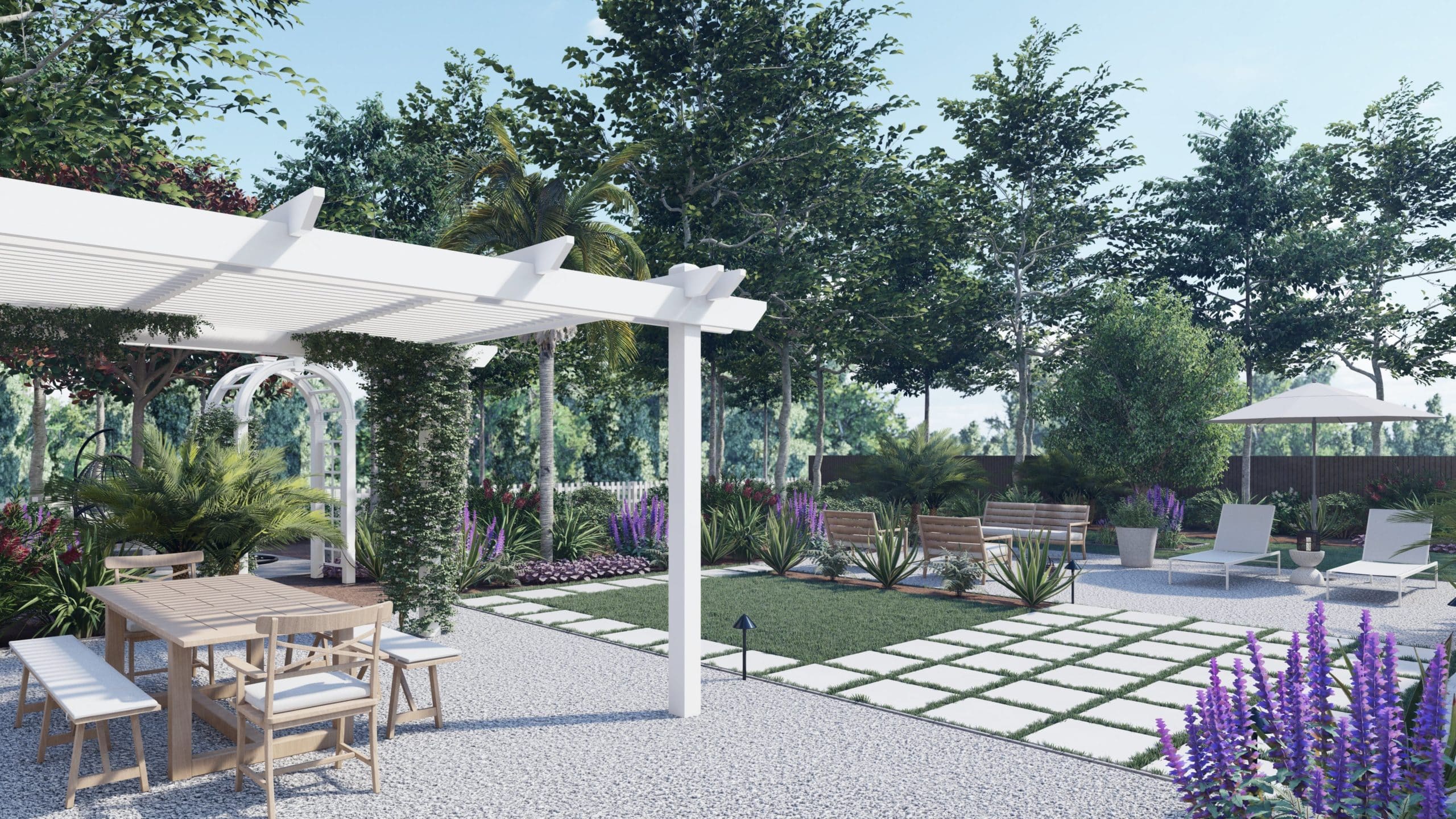 3D design render with gravel dining area covered by pergola, small lawn, and lounge area across paver walkway