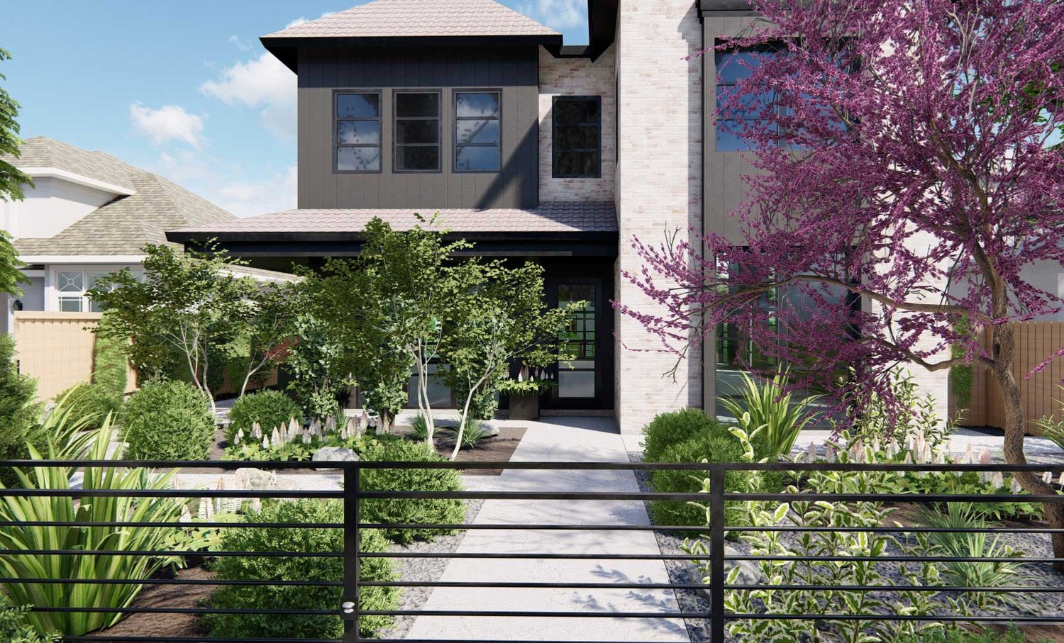 Lakewood fenced front yard with sectioned plant areas and concrete walkway