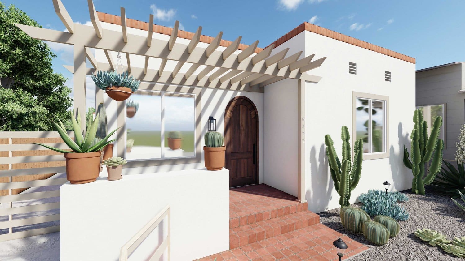 Los Angeles desert-styled front yard with mulch, pergola and paved walkway