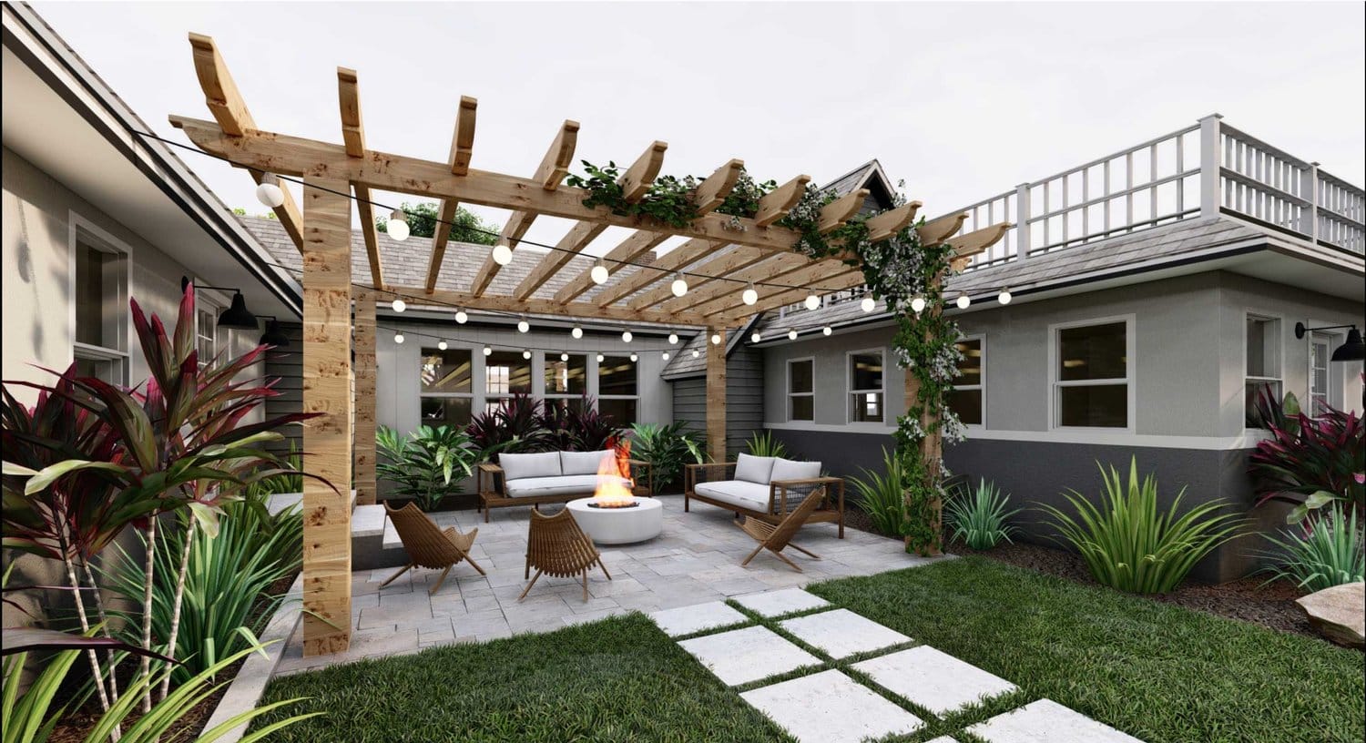 Miami backyard with paver, patio, trellis and beautiful plants