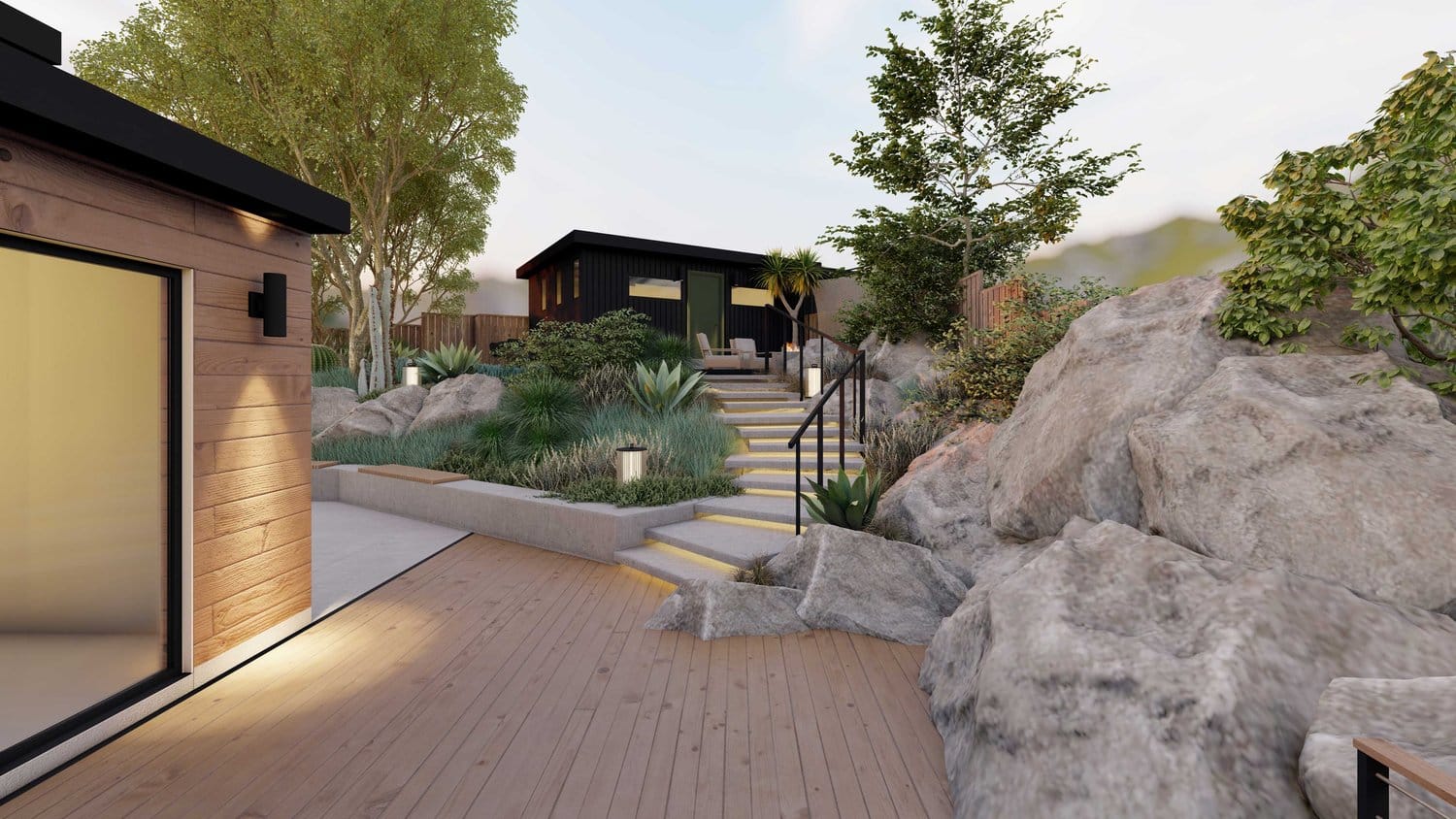 Mill Valley long backyard with boulder stones, paved stairway, trees and plants