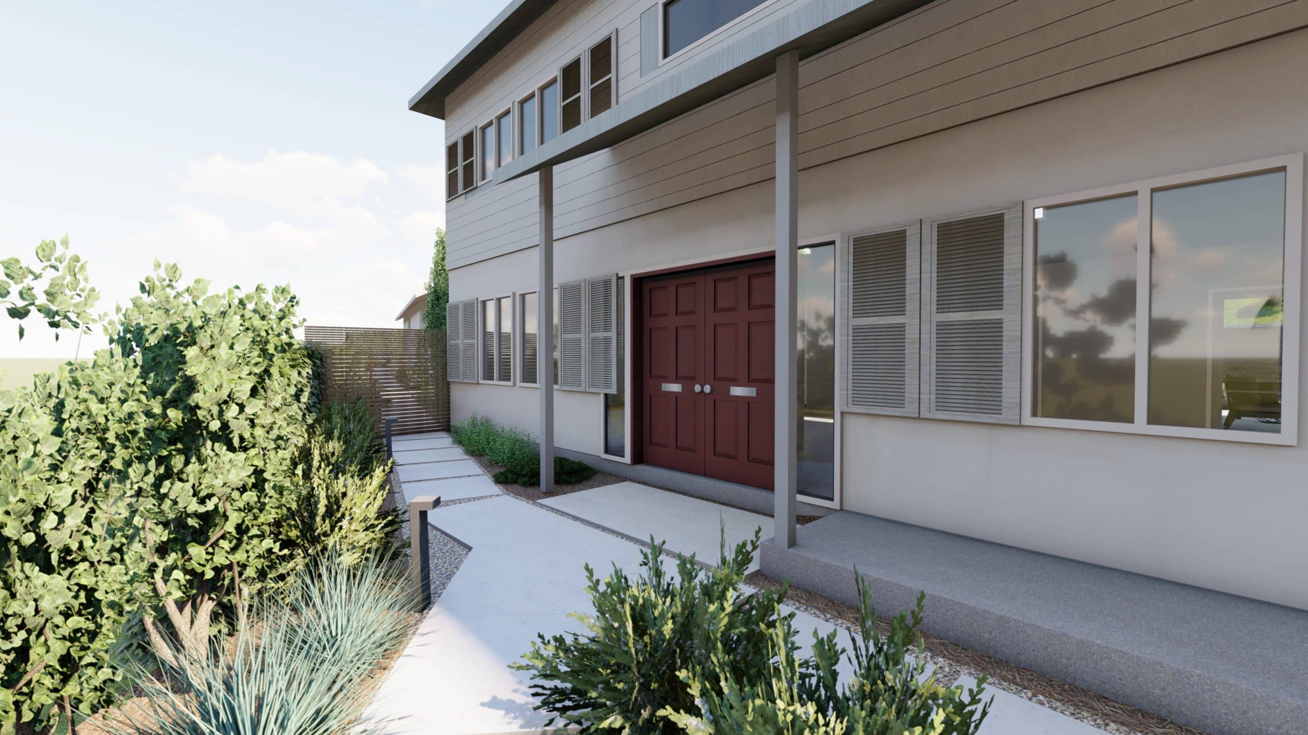 3D design render of front yard with paver path, path lights, and ornamental plantings