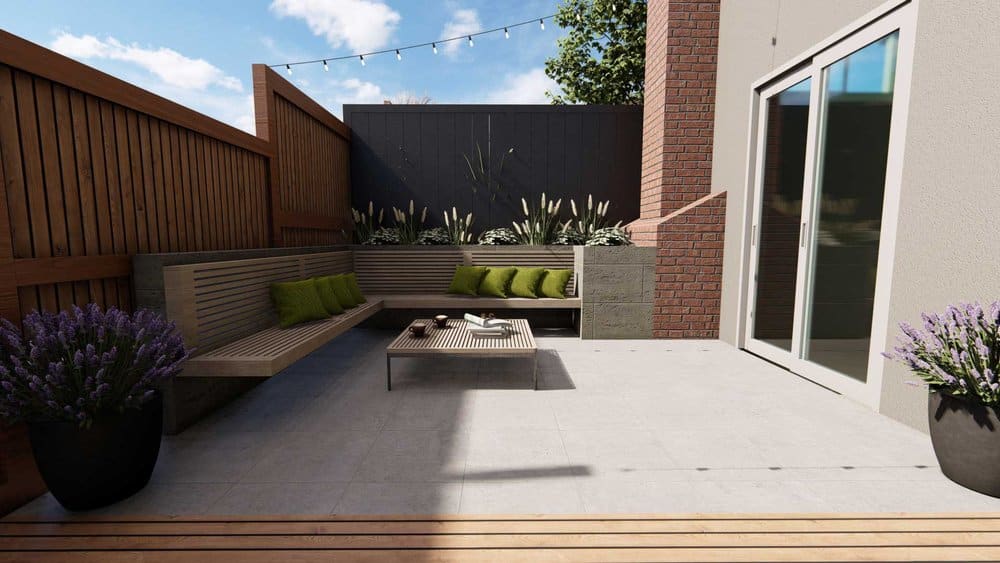 Oakland fenced yard design with lounge