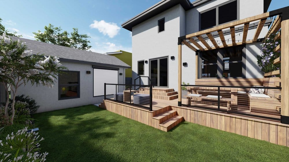 Oakland pergola wood deck design with sod