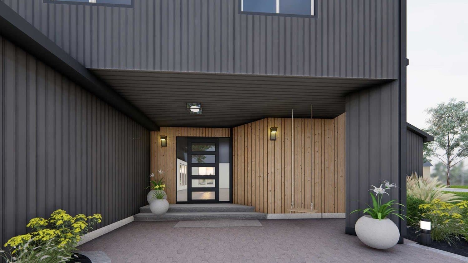 Ocean City modern front porch design with planters