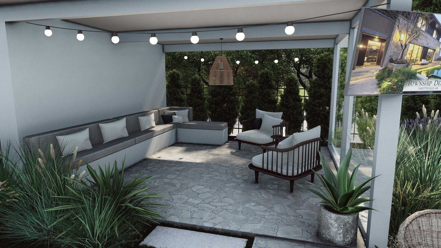 Ocean City patio with string lights and lounge set