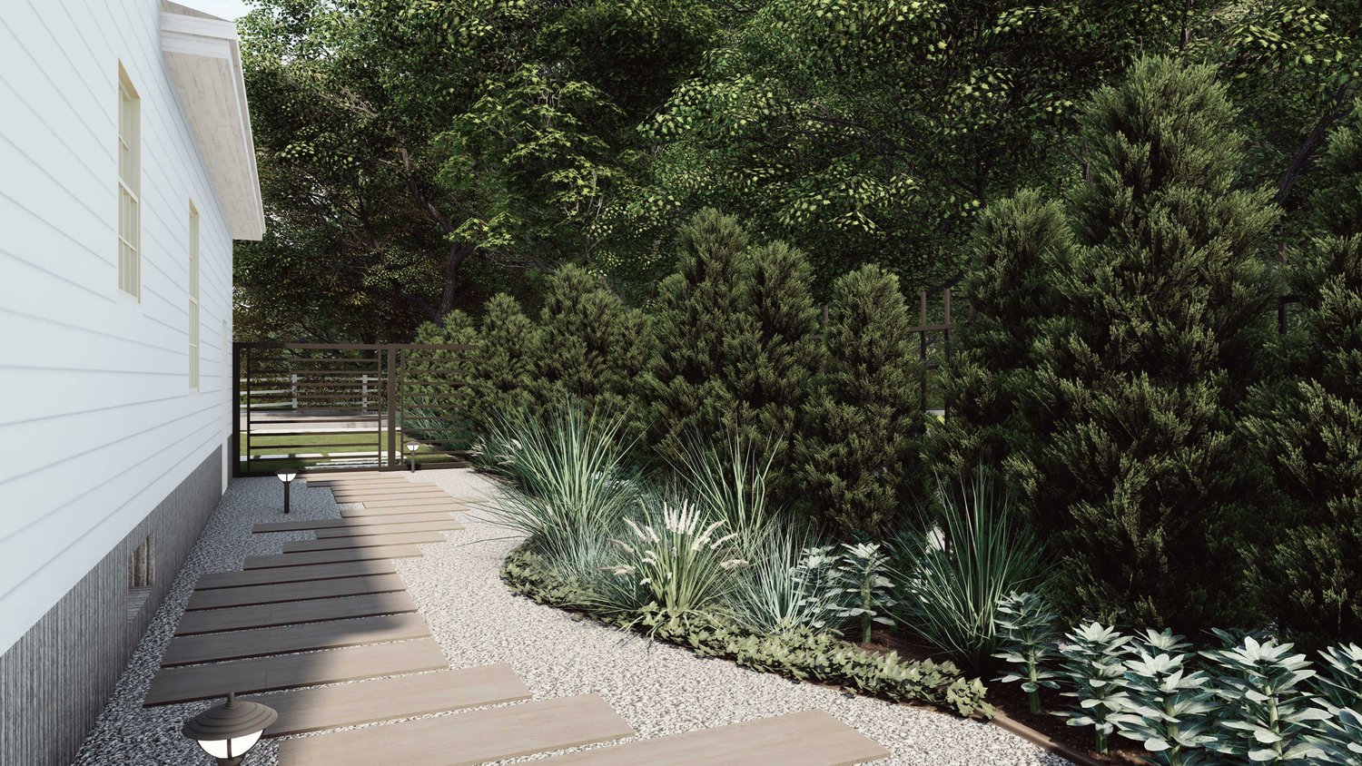 Ocean City side yard with paver path in gravel and plantings on the right