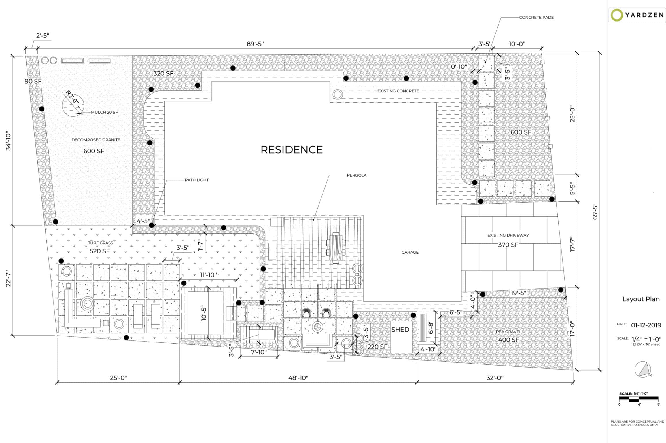 A CAD plan of the client's property that shows measurements and layout for the new landscape