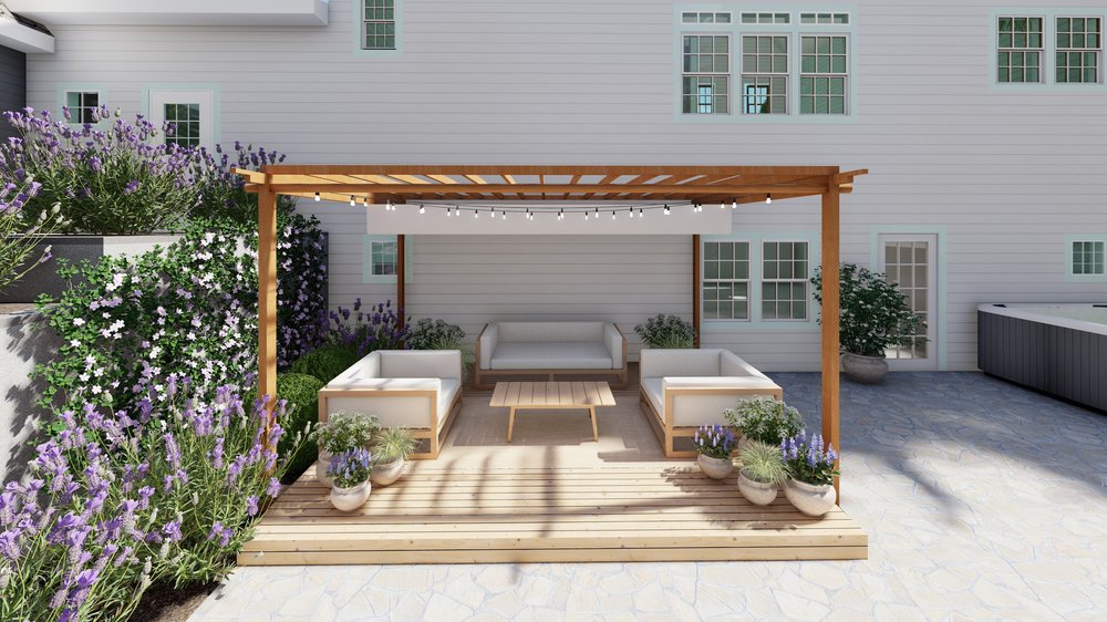 Portland backyard with pergola covered patio and hot tub