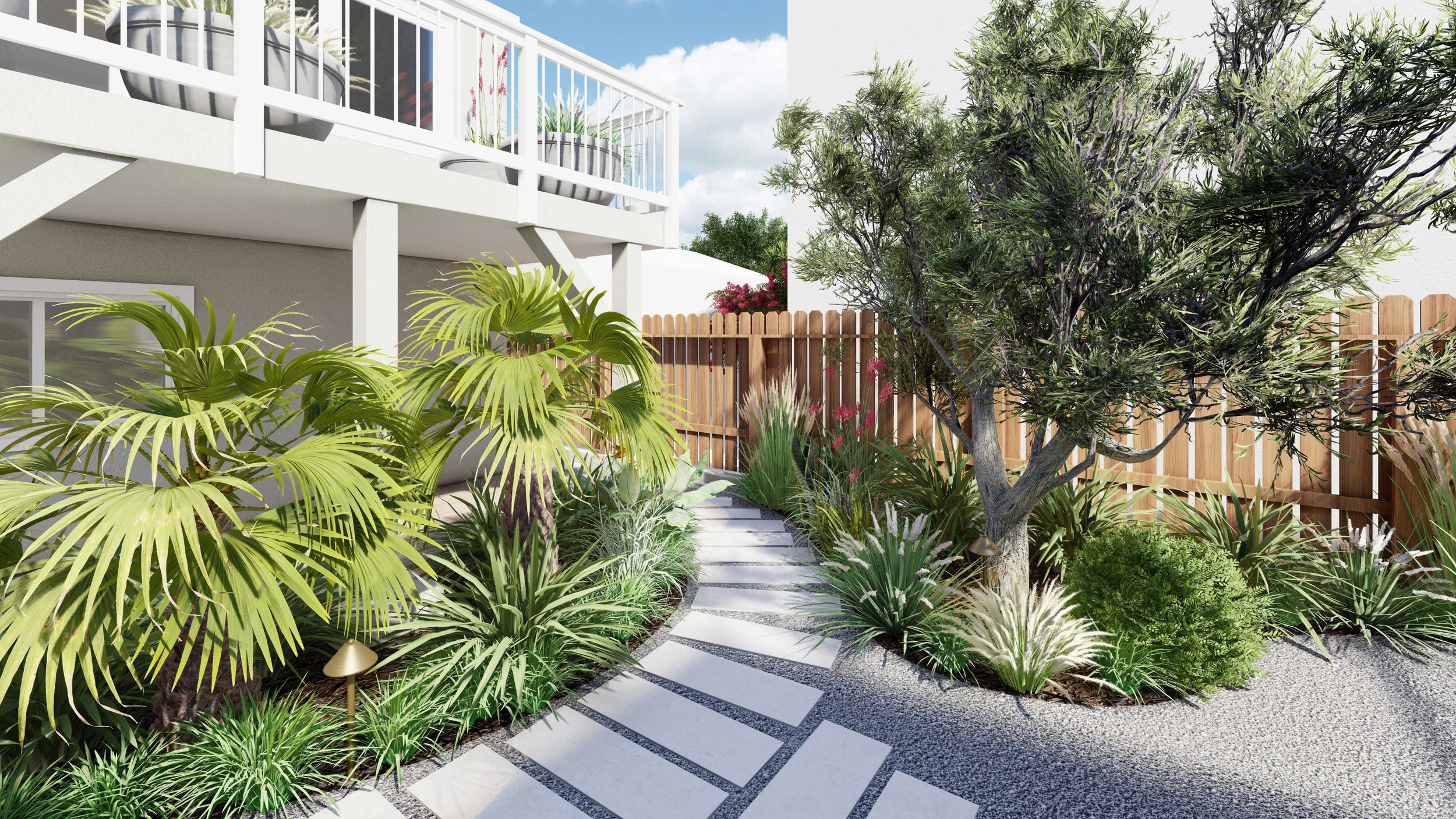 Tropical style backyard with palms and curved concrete paver walkway