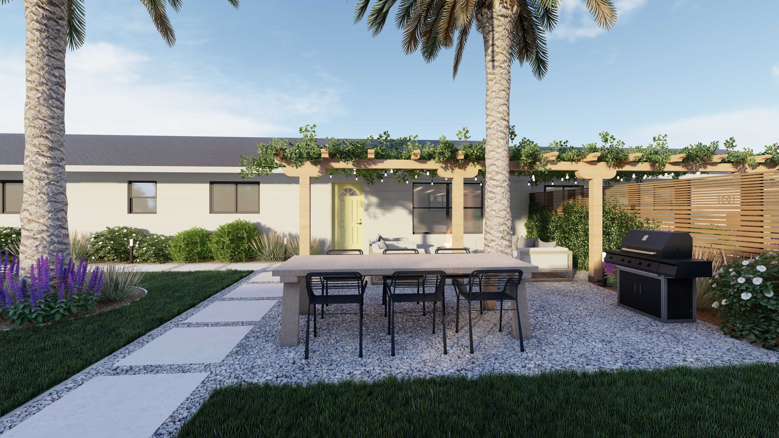 outdoor gravel patio with dining set and pergola in background