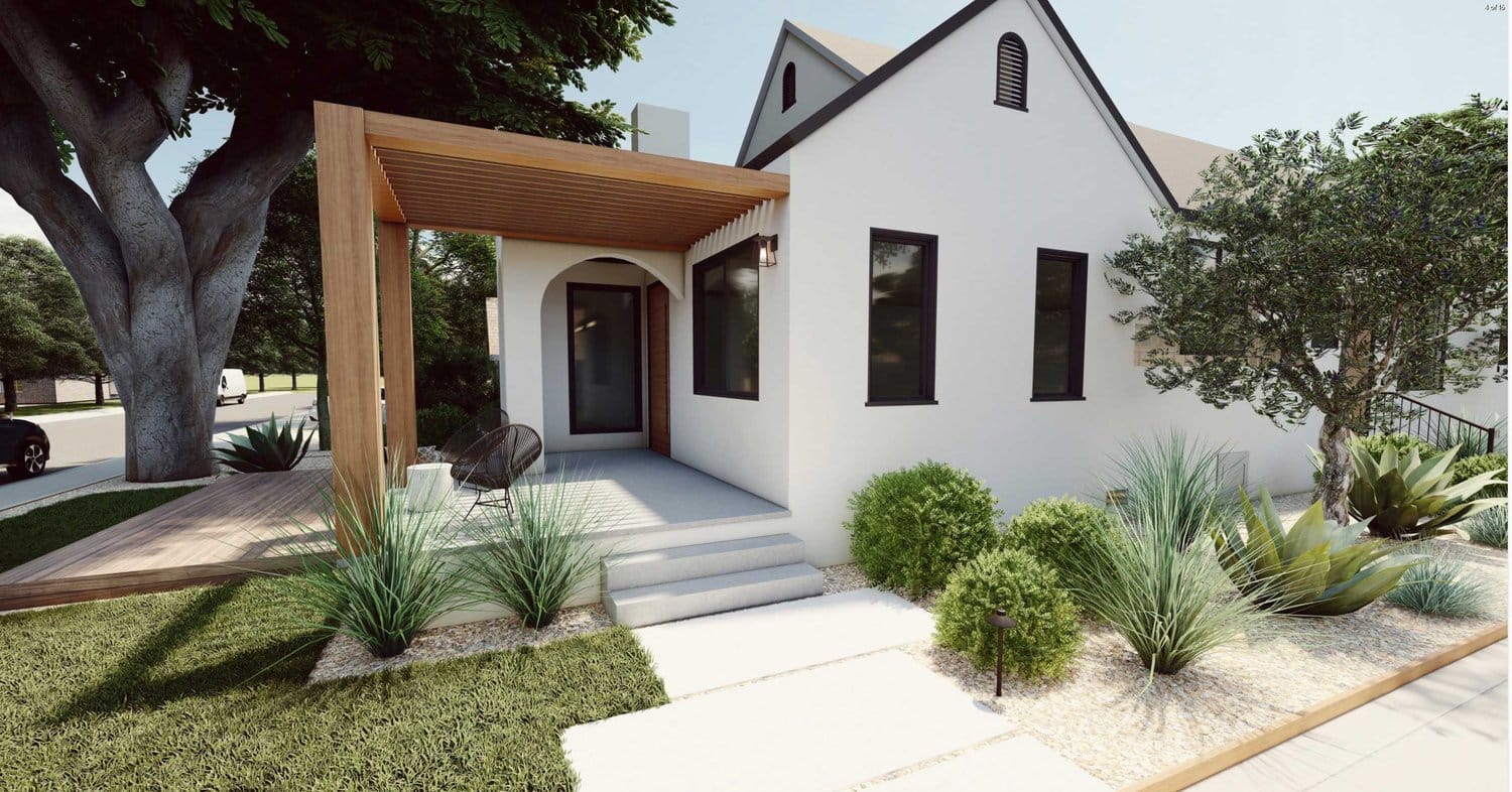 Sacramento front yard with concrete paver path, and concrete step leading to deck patio with pergola over seating area, with trees and plants surrounding