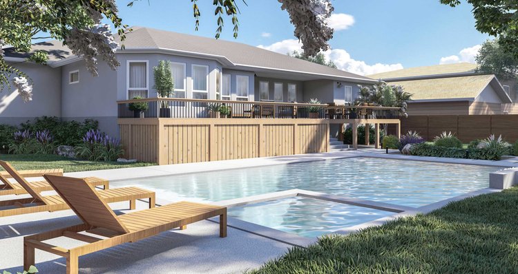 San Antonio pool area with lounge chairs on deck, grasses and plants