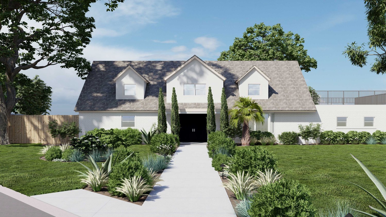 San Antonio front yard showing concrete paver pathway with trees, plants, and lawn