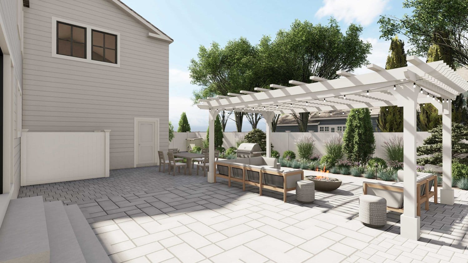 Concrete floor with sitting area and pergola in a Stanford yard