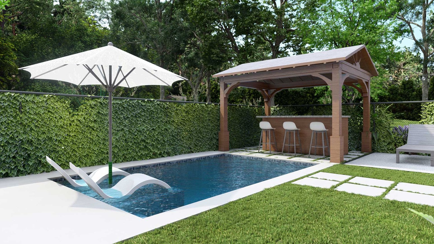 Stamford yard showing a pool with lounge chairs and shade