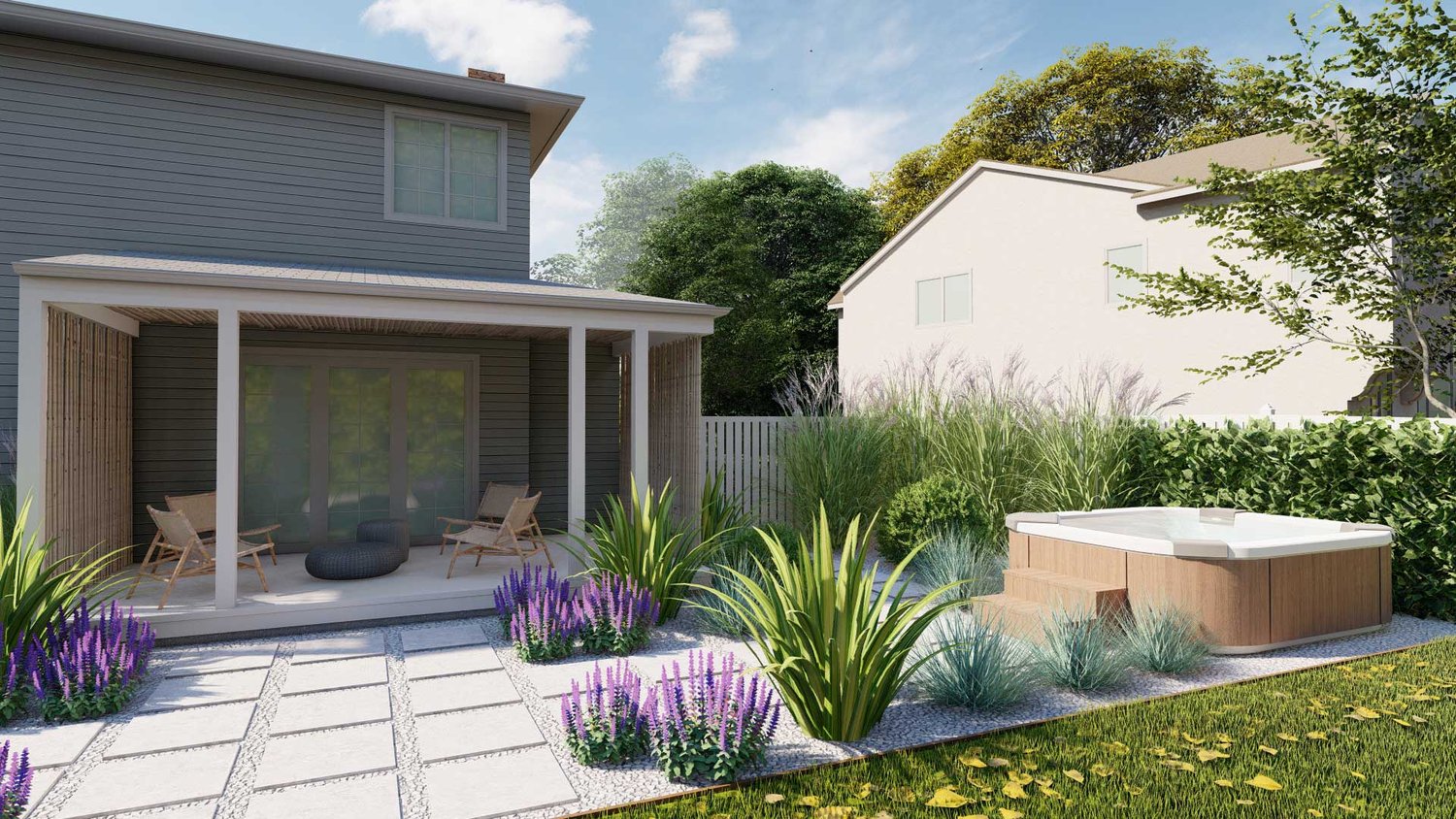 Outdoor sitting area with concrete floors and plants in a Stamford yard