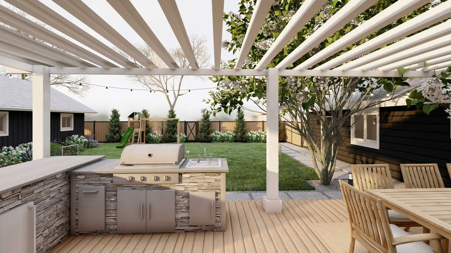 Twin Falls backyard showing pergola over kitchen and dining area in the foreground, and a lawn with flowers and playhouse in the background