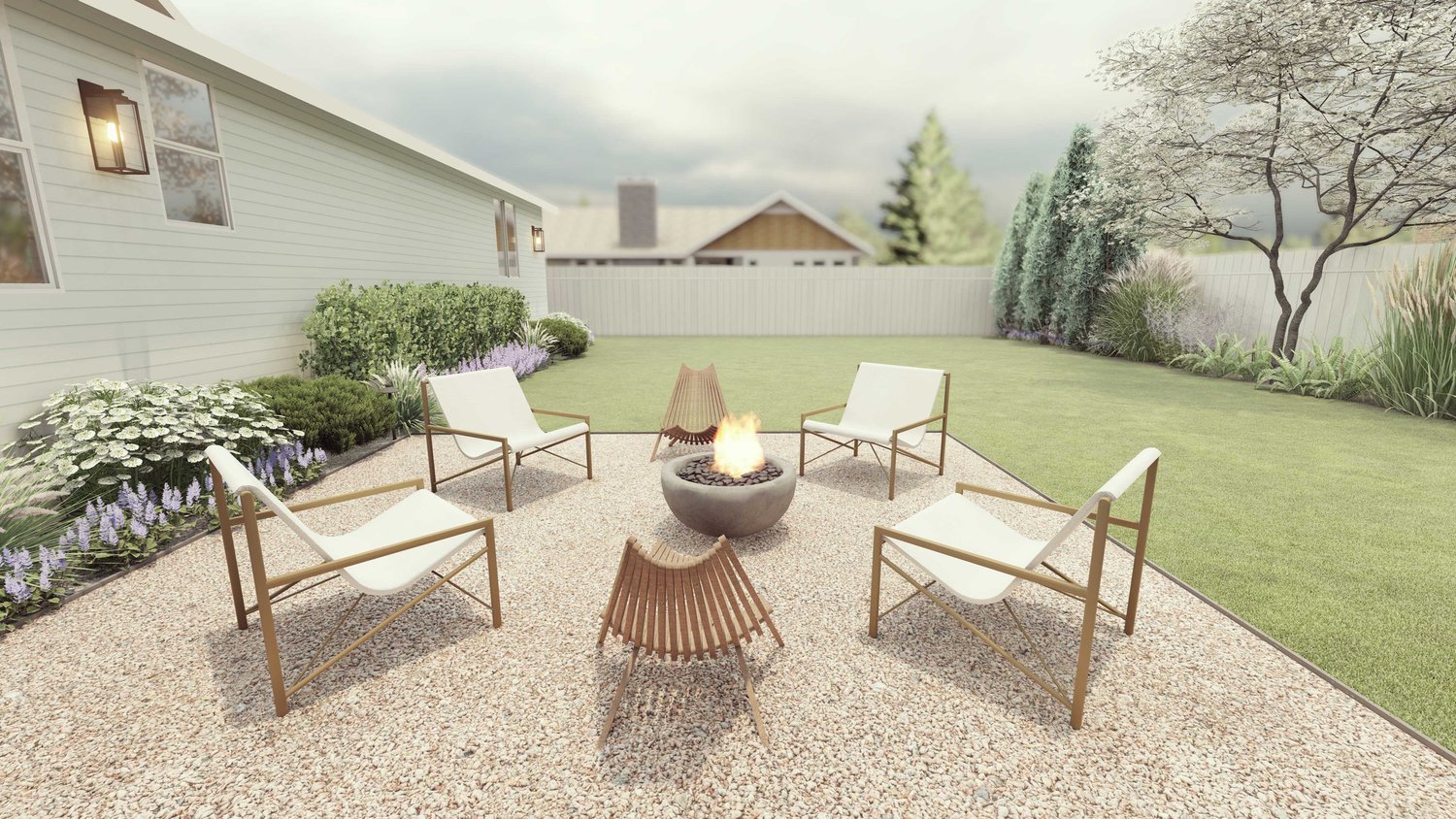 Twin Falls front yard with gravel patio fire pit seating area, lawn area, trees and plants