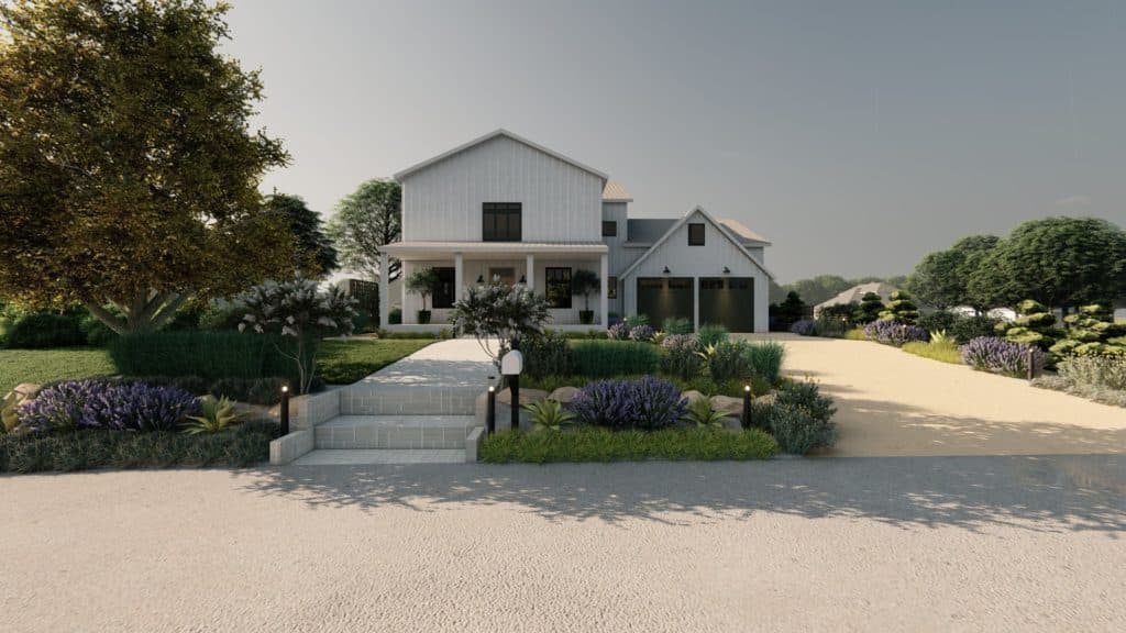 Rendered view of the front yard, driveway and front porch featuring a new walkway and low-maintenance planting.